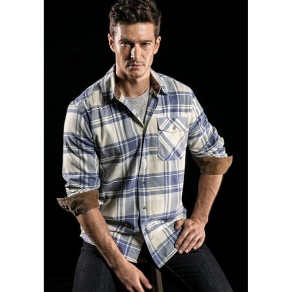 CQR Mens All Cotton Flannel Shirt Long Sleeve Brushed Soft Plaid Cream Blue XL - Picture 3 of 8